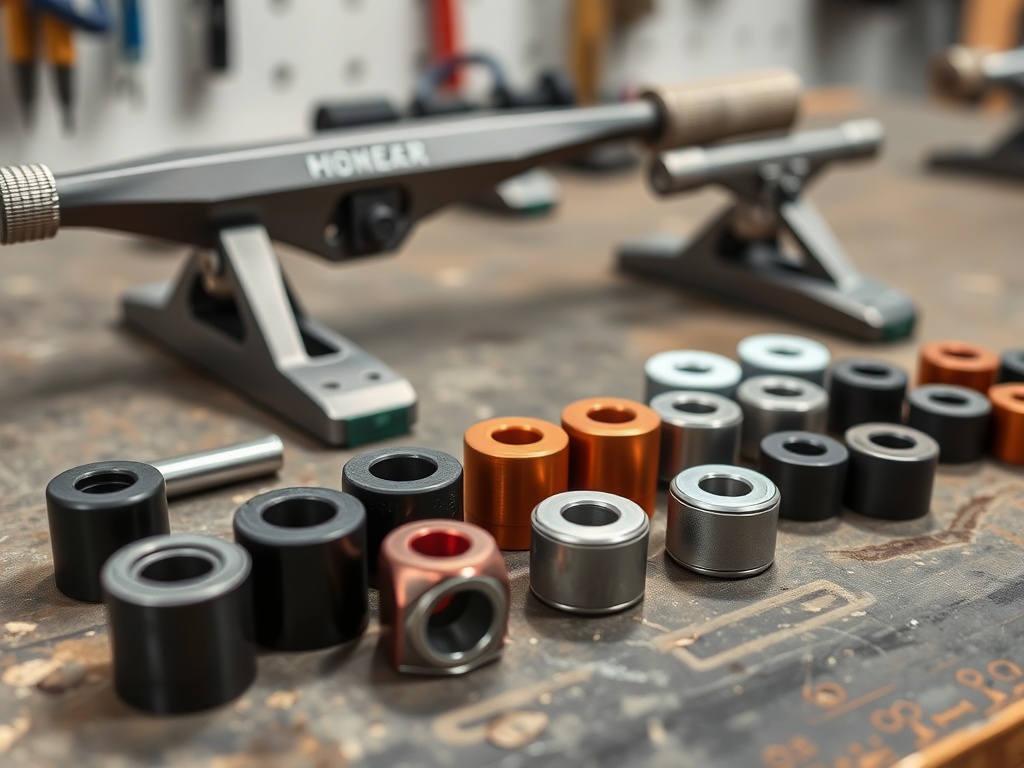 트럭의 반응성을 조절하는 다양한 경도의 스케이트보드 부싱과 분해된 트럭 부품들이 작업대 위에 놓인 모습